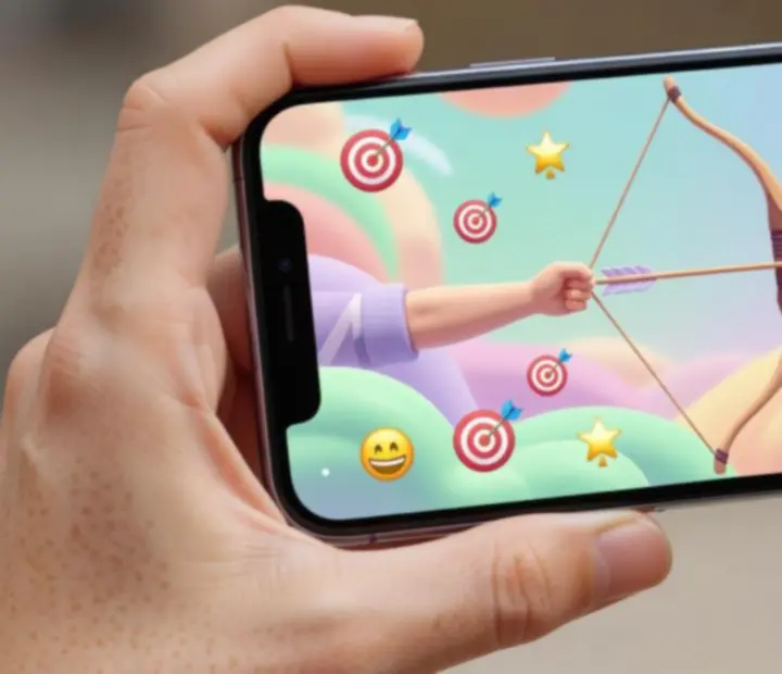 Joueur tenant un smartphone et visant des cibles émoji avec une flèche