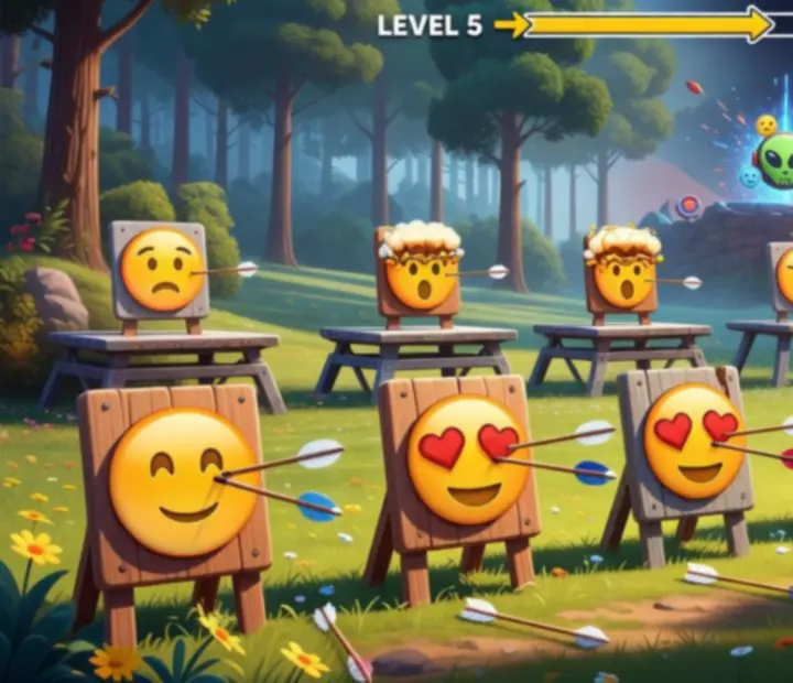 Niveaux colorés d’Emoji Arrow Shoot Master avec différentes cibles à atteindre