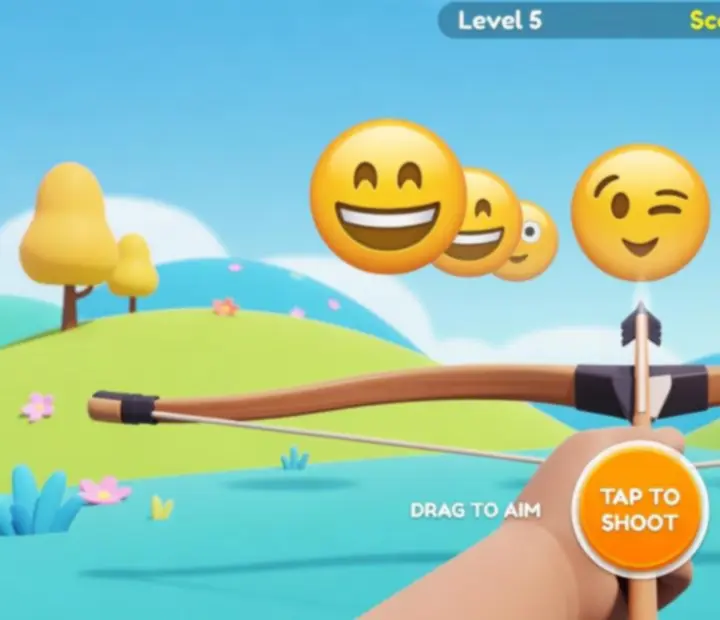 Capture de gameplay montrant la visée et les cibles émoji d’Emoji Arrow Shoot Master