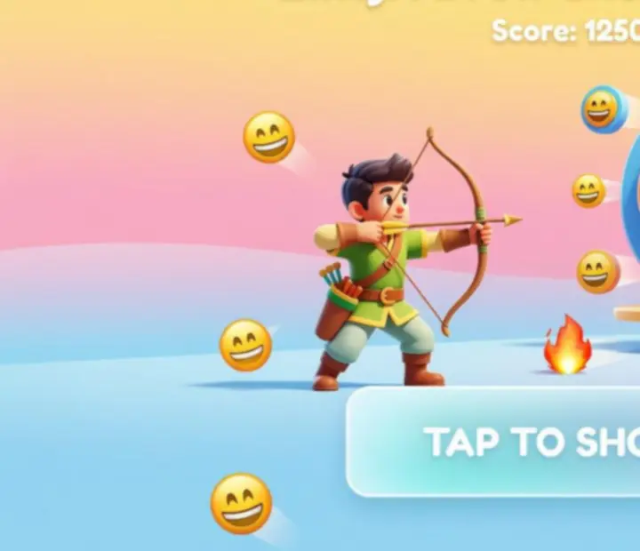 Capture d’écran de gameplay montrant une cible en émoji et une flèche prête à être tirée
