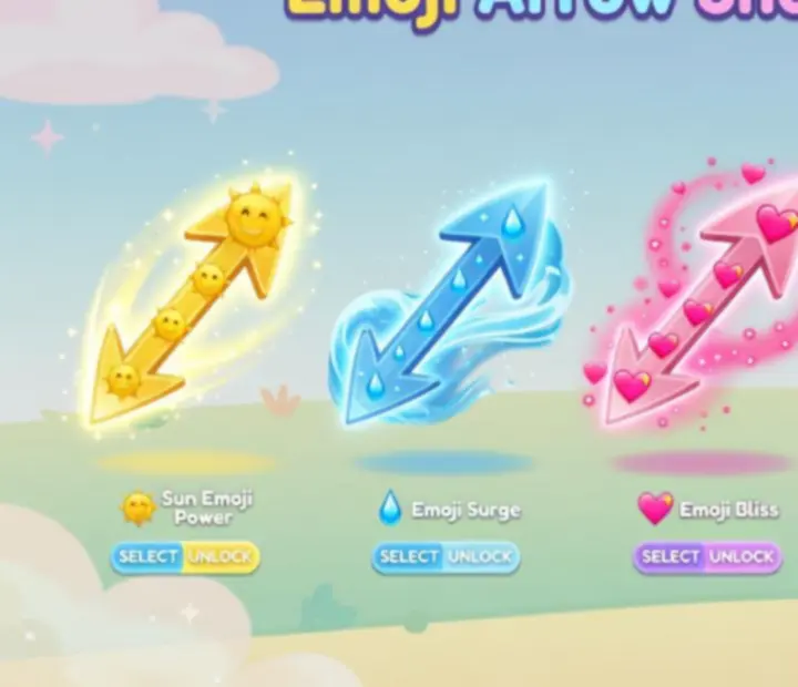 Exemple de flèches déblocables dans Emoji Arrow Shoot Master avec différents styles visuels